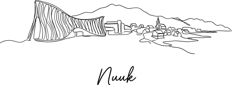 Nuuk Greenland skyline with Katuaq Cultural Centre continuous line drawing vector illustration