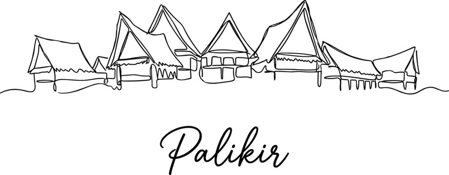 Palikir Micronesia traditional village architecture continuous line drawing minimalist vector illustration