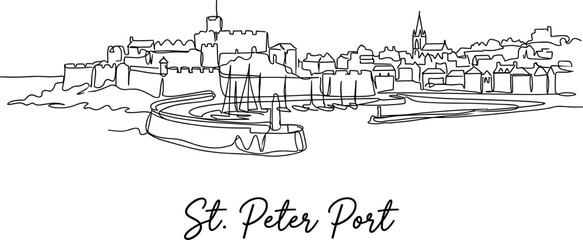 Fototapeta premium St Peter Port Guernsey harbor skyline minimalist continuous line art vector illustration