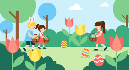 Obraz premium modern flat design easter egg hunt fun for happy children collecting colorful eggs in a spring park