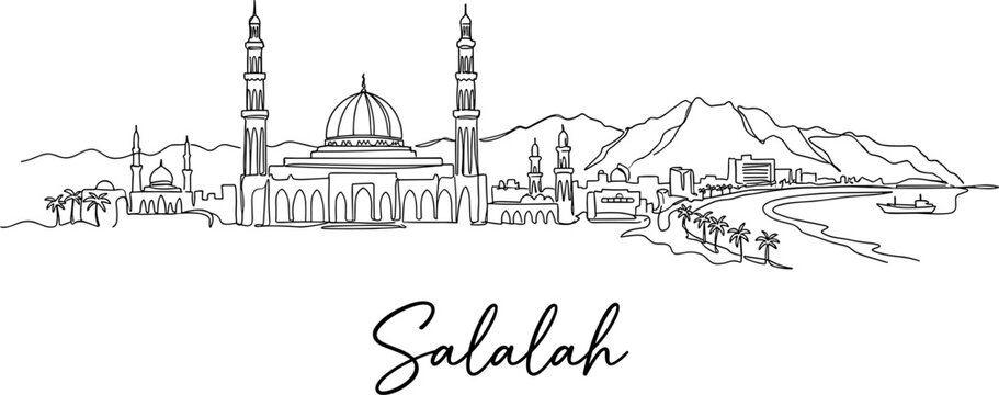 Salalah Oman city skyline with mosque and mountains continuous line art vector