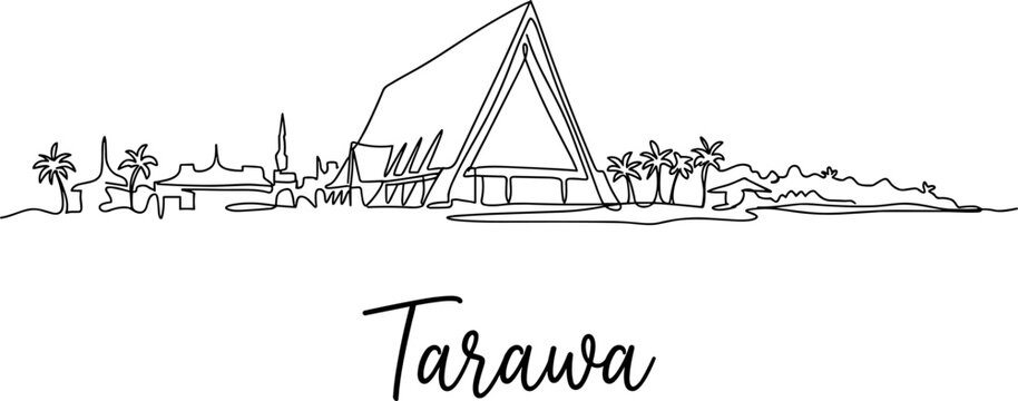 Tarawa Kiribati city skyline with palm trees in continuous one line art vector illustration