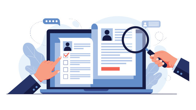 Human resources recruitment process showing hands using a magnifying glass to inspect candidate resumes and tick checkboxes on a laptop screen.