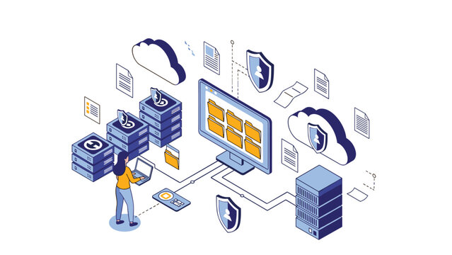 Isometric technology illustration of a data center with secure server racks, protected clouds, and a professional woman managing files on a laptop.