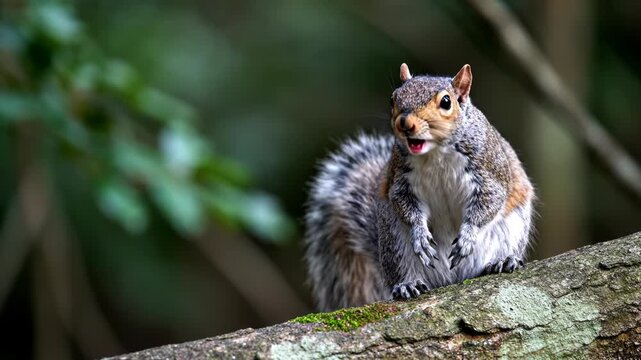 Eastern gray squirrel standing upright on a mossy tree branch with its mouth wide open as if barking or shouting, looking directly at the camera in a lush green forest setting.