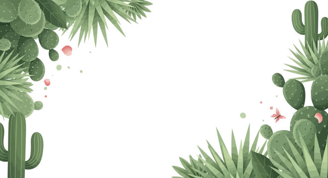 Watercolor Desert Cactus Border with Pink Flowers and Butterfly