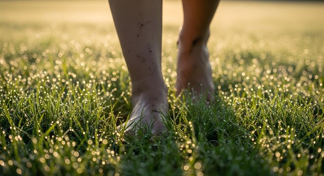 Bare feet walking through dewy morning grass with generated by AI