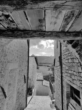 Montesanto, Umbria, Italy - September 24, 2025, perspective view of an architectural feature in the medieval village of Montesanto.