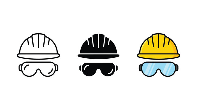 Hard hat with goggles icon. Construction helmet with safety mask vector symbol. Engineer hat with protection glasses illustration isolated.