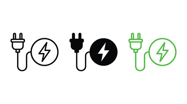 Car charging point icon. Electric plug symbol. Electricity sign. Green energy vector illustration. Wire with plug and lightning bolt pictogram. Phone charge technology concept.