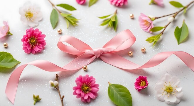 Pink ribbon tied neatly on white surface