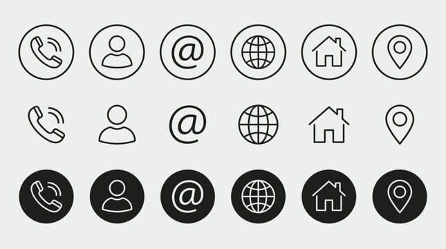 Contact us icon set. Phone, user, mail, home and location elements in minimal outline and solid styles vector illustration. Web and app interface sign for communication and navigation symbol pictogram