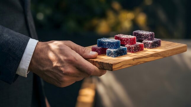 Professional Holding an Olive Wood Tray with Colorful Gourmet Sweet Pates de Fruits for Hospitality Marketing