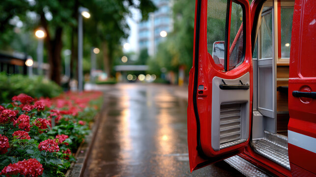 Side view open red ambulance door with wet walkway and flower foreground in park for emergency response banner and public safety background