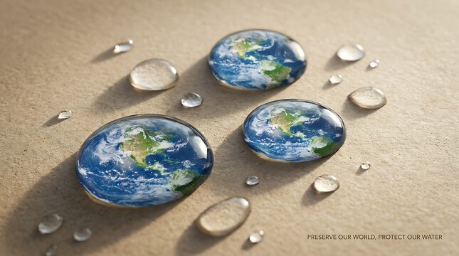 Macro photograph of tiny water droplets on a green leaf reflecting the beautiful blue planet earth