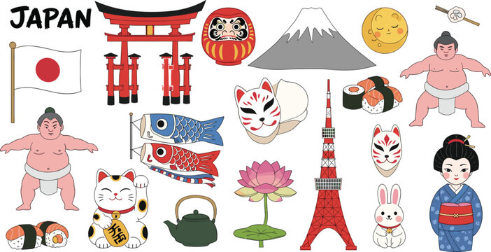 Japan Culture Vector Illustration Set with Torii Gate, Mount Fuji, Sushi, Maneki Neko, Geisha and Traditional Japanese Symbols Collection