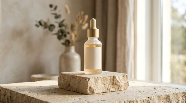 Serum bottle mockup on stone podium with natural background