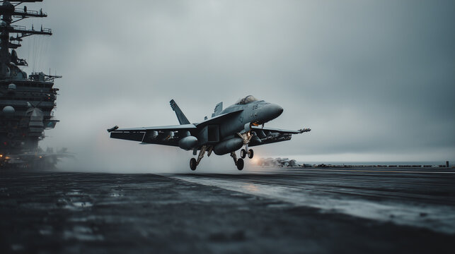 Carrier Strike Group: Modern fighter jet takeoff from a naval vessel in a strategic chokepoint, Generative AI