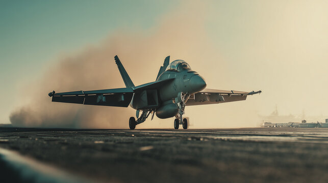 Sea-Based Strike: Fighter jet ascending from an aircraft carrier during a high-stakes mission, Generative AI