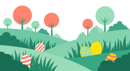 modern flat design easter egg hunt in a cheerful spring landscape with colorful easter eggs peeking from green hills and trees