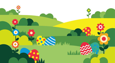 easter egg hunt in a vibrant spring landscape featuring colorful eggs and blooming flowers ideal for festive holiday celebration content.