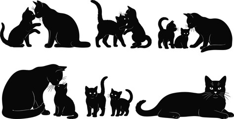 Family of Cats Silhouette Set with Parent and Kittens Playing, Cuddling, and Interacting for Pet Lovers and Animal Illustrations © Ayesha