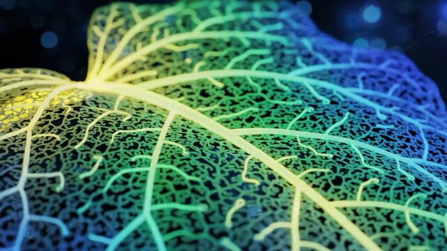 Closeup of a leaf with intricate veins on a dark background