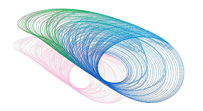 Abstract 3D illustration of a multi-colored wireframe cylinder with a torus shape, technical drawing, futuristic design on white background