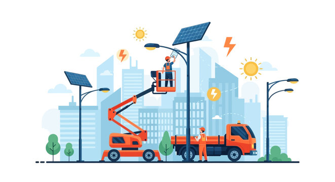 Workers Installing Solar Powered Street Lights Using Crane Truck.