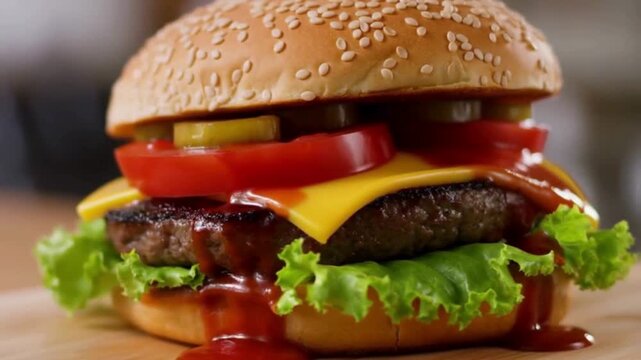 This hamburger looks appetizing with its soft, shiny textured burger bun, neatly arranged to accommodate the sauce and filling.
