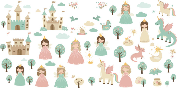 Whimsical illustration of princesses and fairy tale creatures in a fantasy landscape