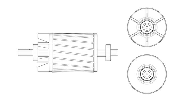 Industrial Induction Motor Rotor - Blueprint. 3D rendering isolated on white background. 3D Mesh, Sketch, Vector style or Drawing. Ideal for educational, engineering, and industrial design.