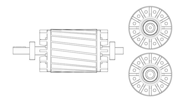 Industrial Induction Motor Rotor - Blueprint. 3D rendering isolated on white background. 3D Mesh, Sketch, Vector style or Drawing. Ideal for educational, engineering, and industrial design.