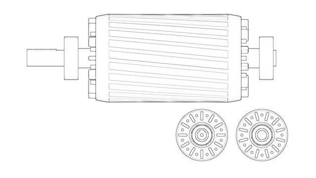 Industrial Induction Motor Rotor - Blueprint. 3D rendering isolated on white background. 3D Mesh, Sketch, Vector style or Drawing. Ideal for educational, engineering, and industrial design.