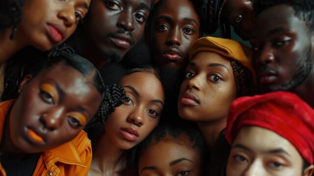 Colorful collage of multiracial individuals with unique expressions and styles.