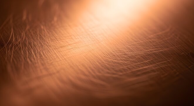 Close up of brushed copper metal surface with fine scratches reflecting warm light, abstract texture background for industrial design and luxury aesthetics.