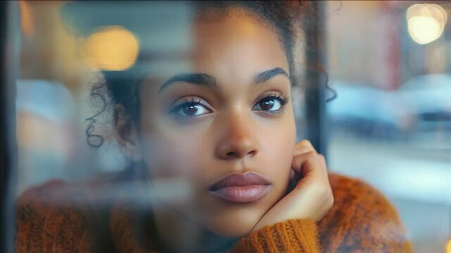 A woman with an expressive gaze, possibly deep in thought or daydreaming.