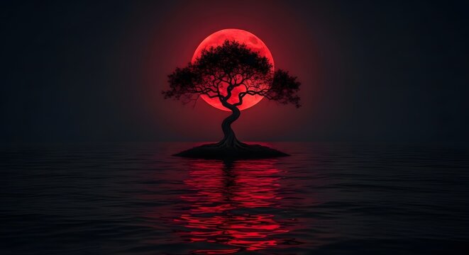 A lone tree on an island under a red moonlit sky
