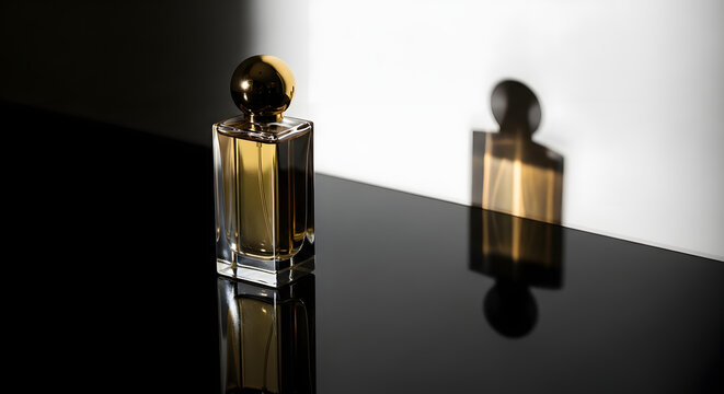 Elegant perfume bottle with golden details and reflection on a glossy surface