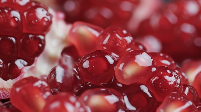 Juicy pomegranate seeds scattered with water droplets on them closely