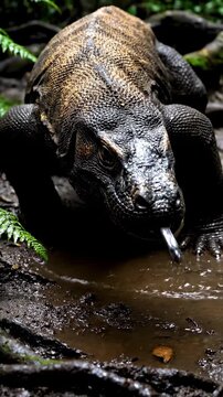 Majestic Komodo Dragon crawling through a muddy tropical jungle floor for wildlife documentaries and nature education. Vertical. Video. Portrait Orientation.