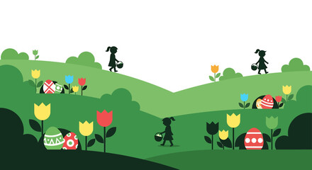 Fototapeta premium modern flat design easter egg hunt with children searching for colorful eggs among spring tulips on green hills.