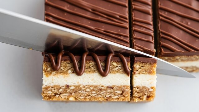 Indulgent multi-layered chocolate dessert bar being meticulously sliced with a sharp knife, revealing its delicious creamy filling and crunchy oat base, a perfect homemade sweet treat
