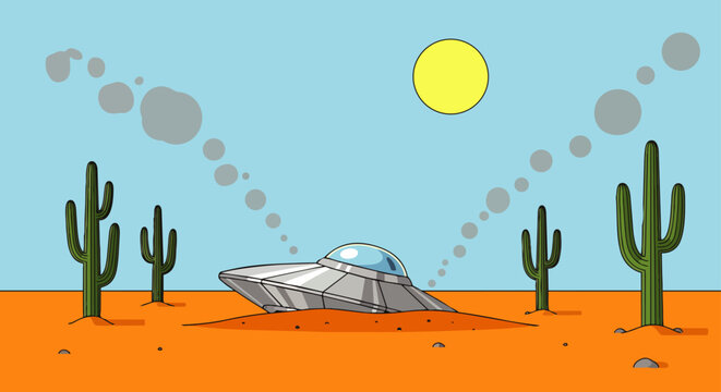 crashed ufo spaceship resting in a barren desert landscape with saguaro cacti under a blue sky a cartoon illustration.