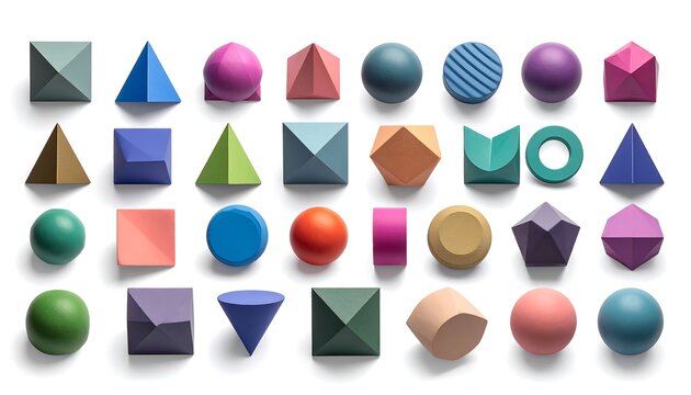 A collection of various colored, geometric 3D shapes