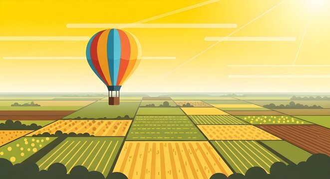 Colorful hot air balloon gracefully floating over vast patchwork of rural farm fields under bright sunny sky, depicting freedom, exploration, and agricultural landscape beauty