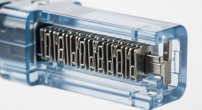 Close-up of a transparent blue RJ45 connector showing metal pins.
