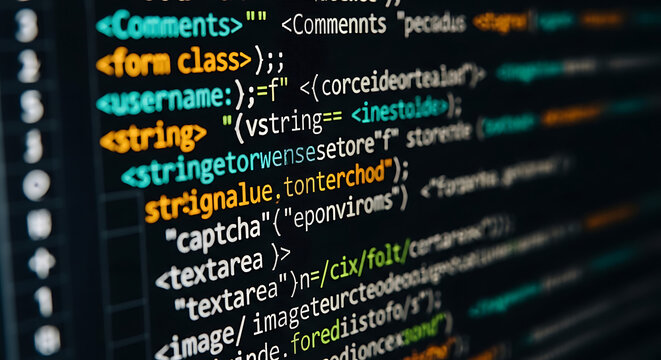 Close-up of computer code on a dark screen with colorful syntax highlighting, representing programming, software development, and technology