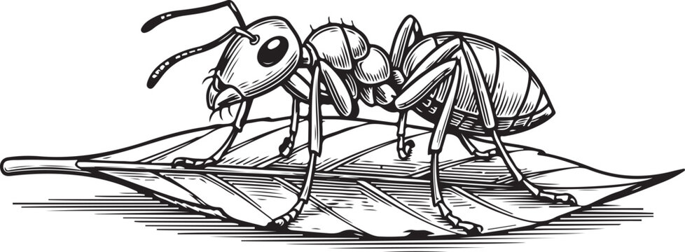 Detailed ant illustration on leaf, macro insect close-up, science and nature.