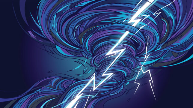 Powerful tornado swirl with lightning strikes in dark blue sky, dangerous natural disaster abstract vector illustration.